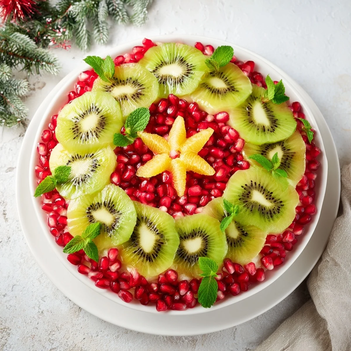 Fresh kiwi and glistening pomegranate seeds form a stunning holiday wreath fruit plate, ready to enjoy.