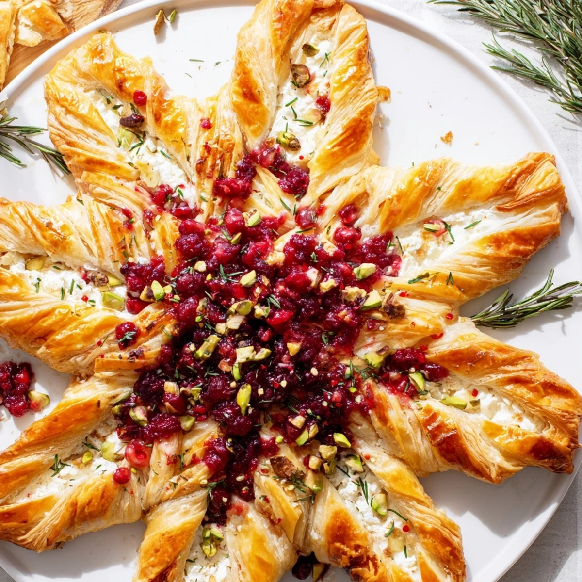 A close-up shot of the Cranberry Christmas Star, showcasing flaky pastry and festive holiday garnishes.
