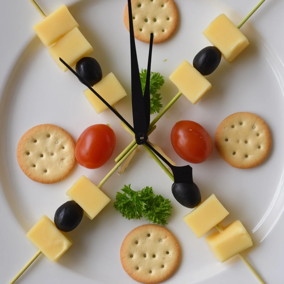 Celebrate with a fun New Year's Clock Countdown; savory crackers and olive clock face with cheese cubes.
