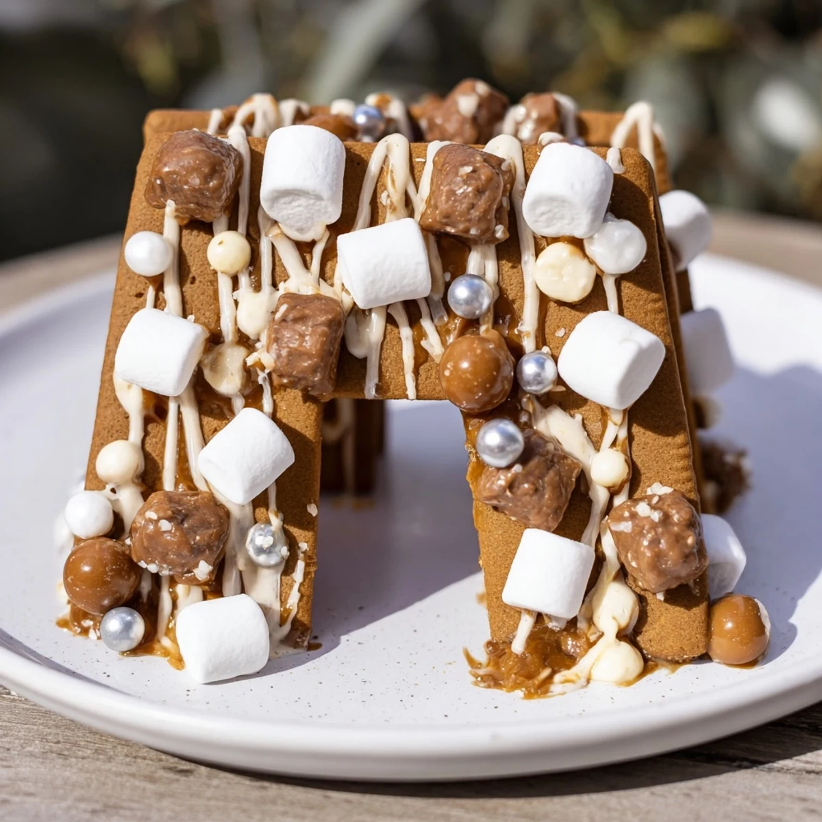 Festive gingerbread house frame showcases a delicious holiday dessert, filled with treats for serving guests.