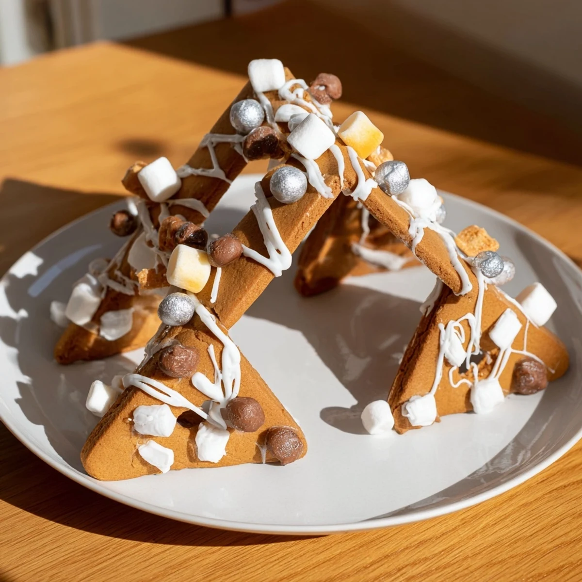 A freshly-baked gingerbread house frame, adorned with candies and icing, ready for a Christmas feast.