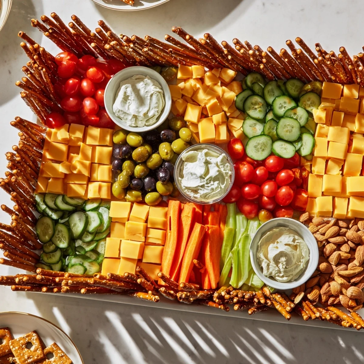 Close-up of The Urban Grid snack platter, a creative city-inspired appetizer with colorful ingredients.