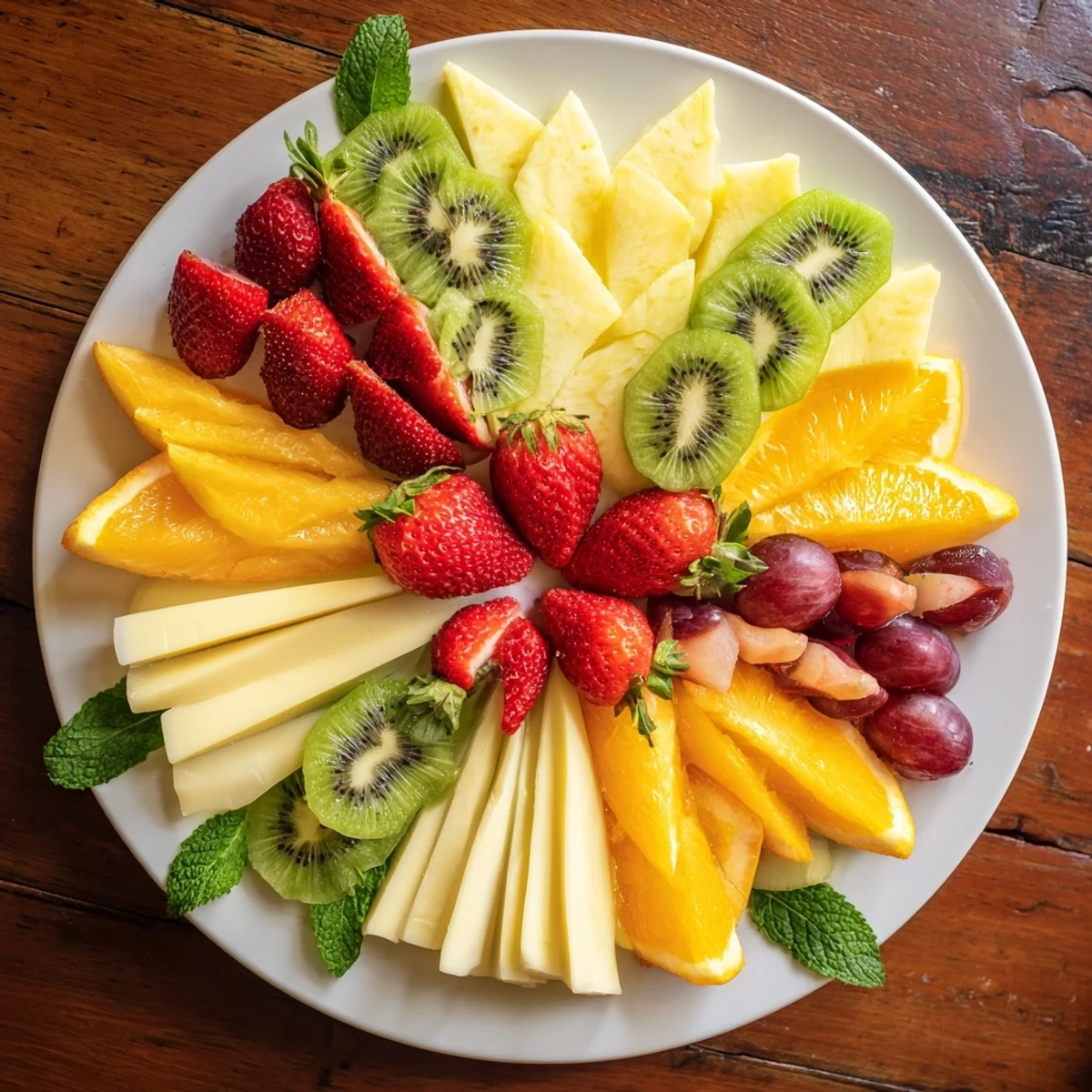 Vibrant Kaleidoscope Circle platter: fresh fruit and cheeses, a show-stopping appetizer visually appealing.