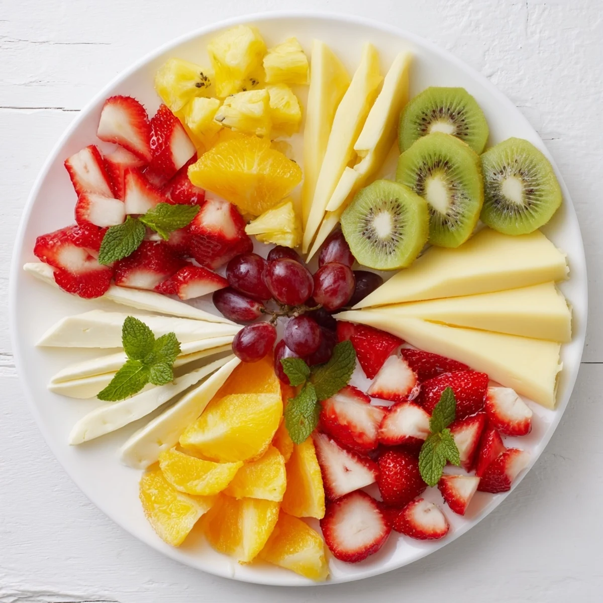 Delicious and elegant Kaleidoscope Circle, showcasing a beautiful arrangement of cheeses and colorful fruit wedges.