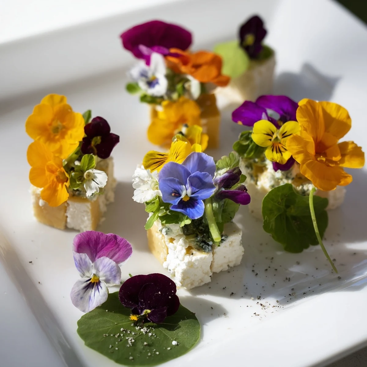 This elegant The Secret Garden appetizer features colorful edible flowers and flavorful cheese cubes.