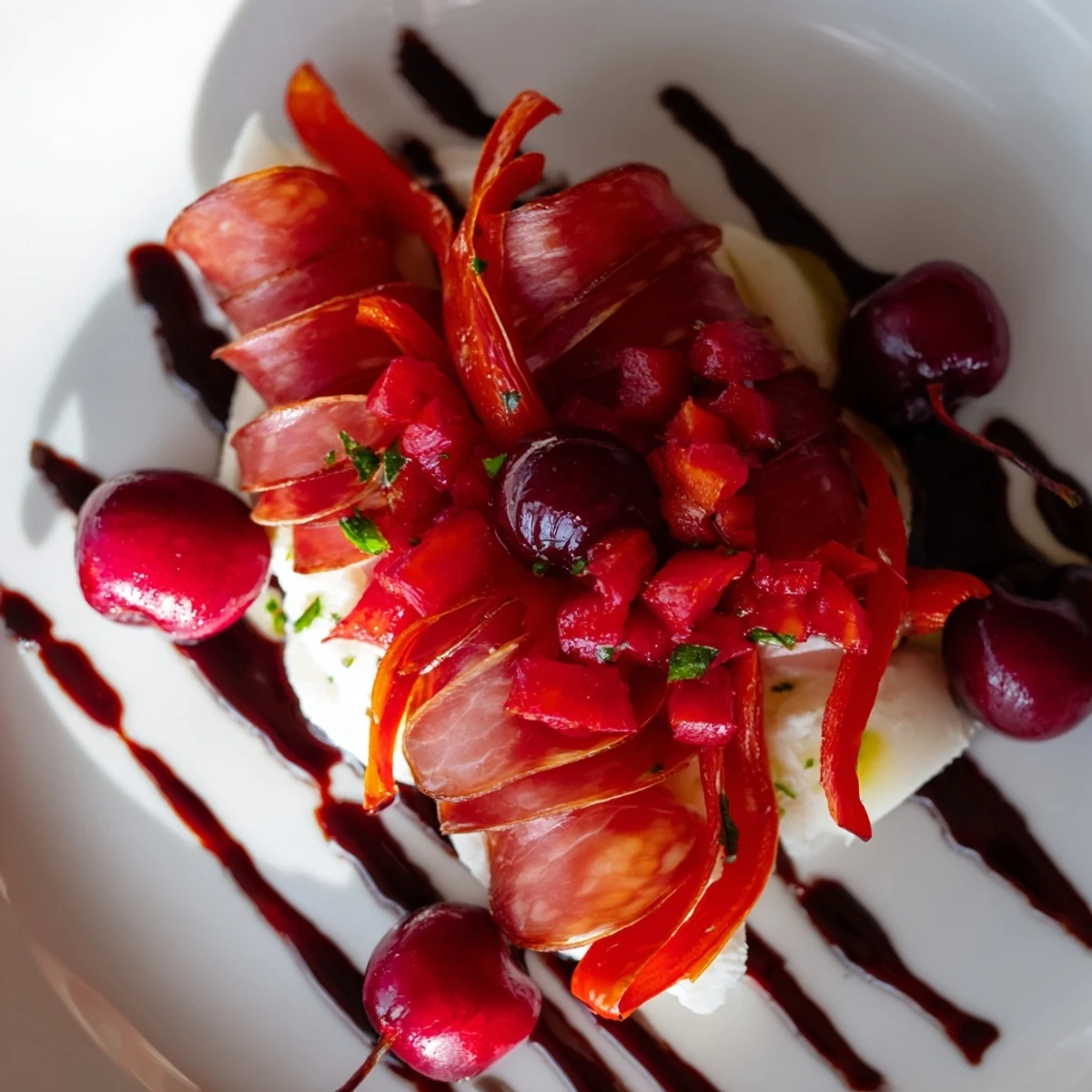 Crisp crackers showcase The Crimson Tide: Spicy chorizo, sweet cherries, and red peppers drizzled with balsamic glaze.