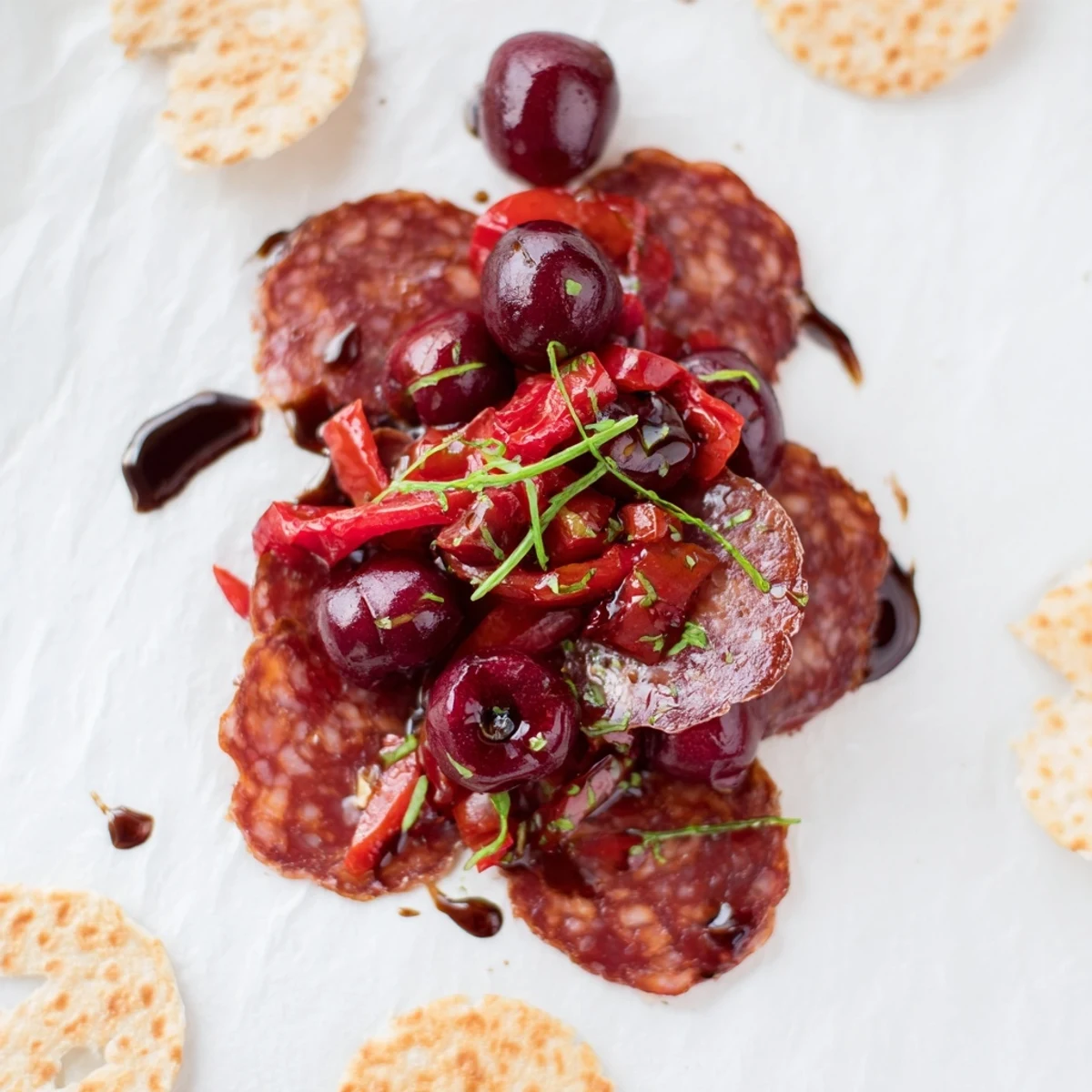 The Crimson Tide appetizer: vibrant chorizo, cherries, peppers create a stunning, flavorful S-shape on white crackers.