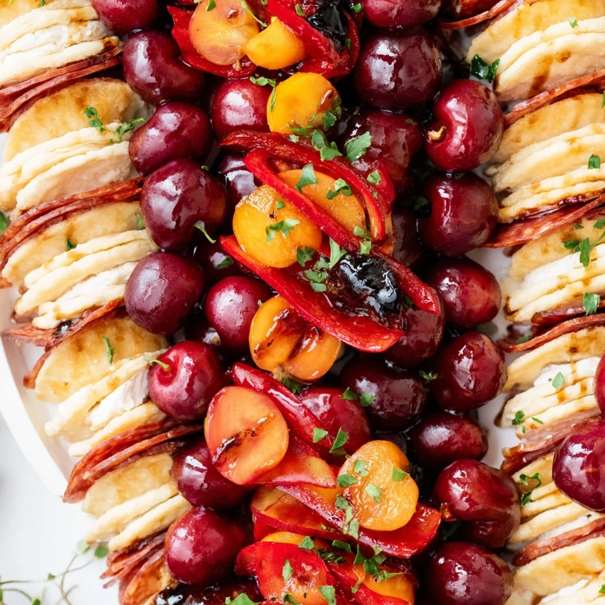 Visually appealing The Crimson Tide appetizer includes red components artfully arranged over white crackers for guests.