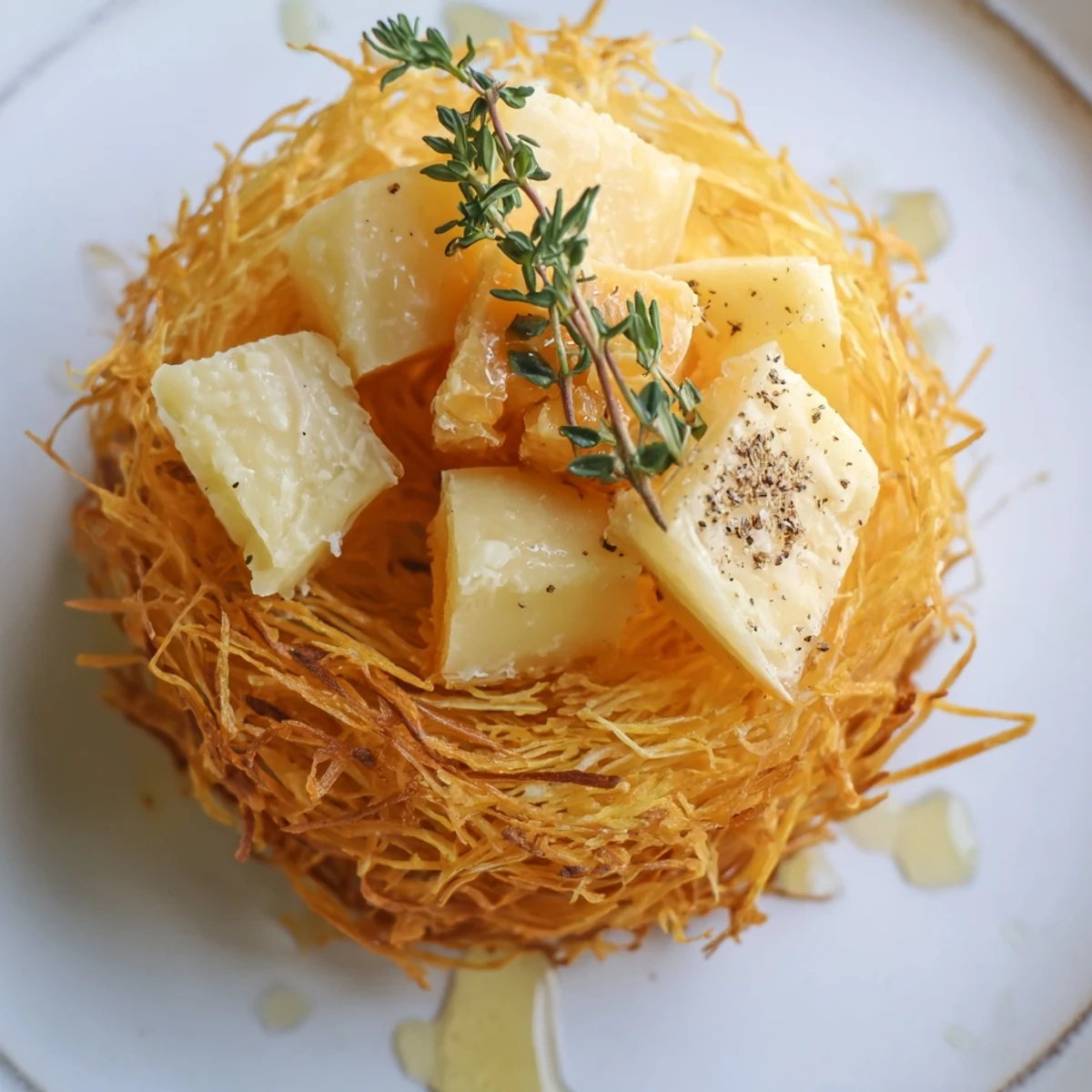 Golden, crispy phyllo nests holding rustic farmhouse cheeses; this Rustic Barnyard appetizer is delightful.