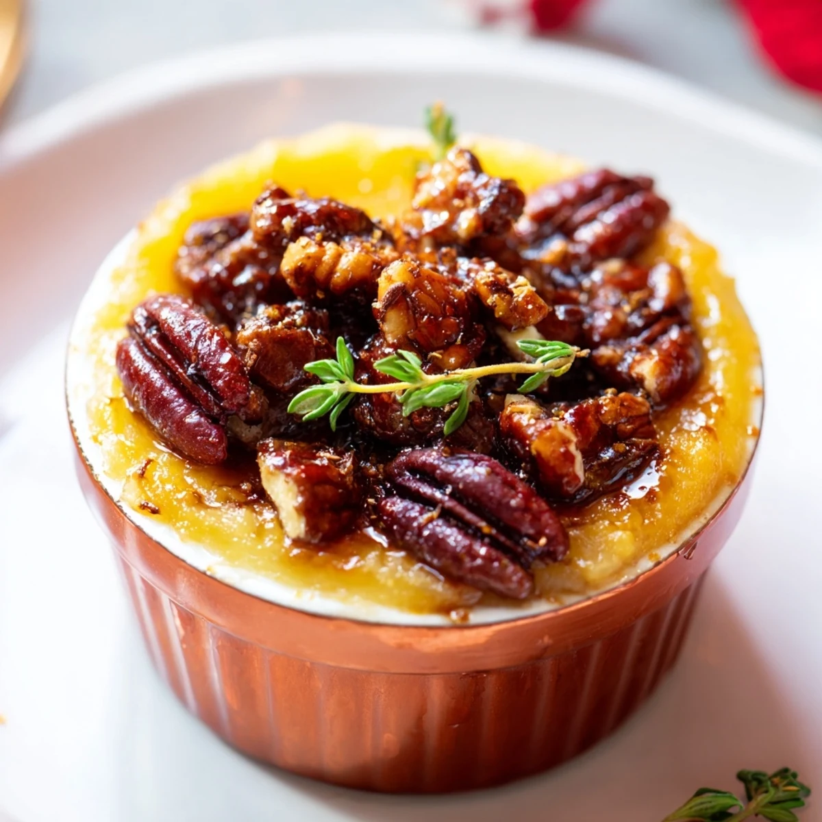 Golden-brown The Copper Kettle appetizer with pecans, dates, and fragrant caramelized onions nestled in copper dishes.