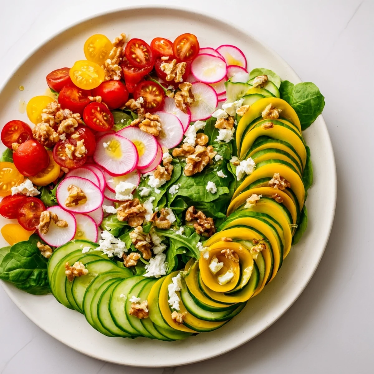 Fresh, colorful Fibonacci Fan Salad with spinach, tomatoes, and creamy feta, ready to enjoy.