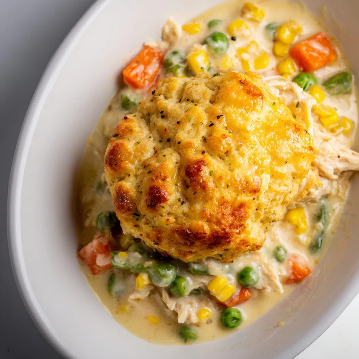Warm, creamy Chicken Cobbler with Red Lobster mix features a savory biscuit topping and filling.