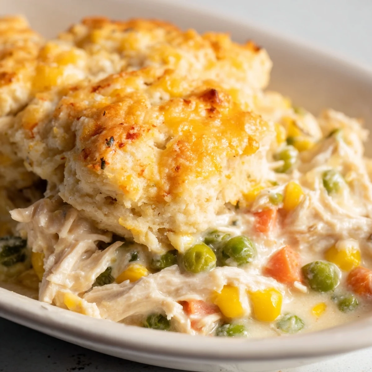Chicken Cobbler with Red Lobster Biscuit topping, golden brown and bubbling, ready to be served.