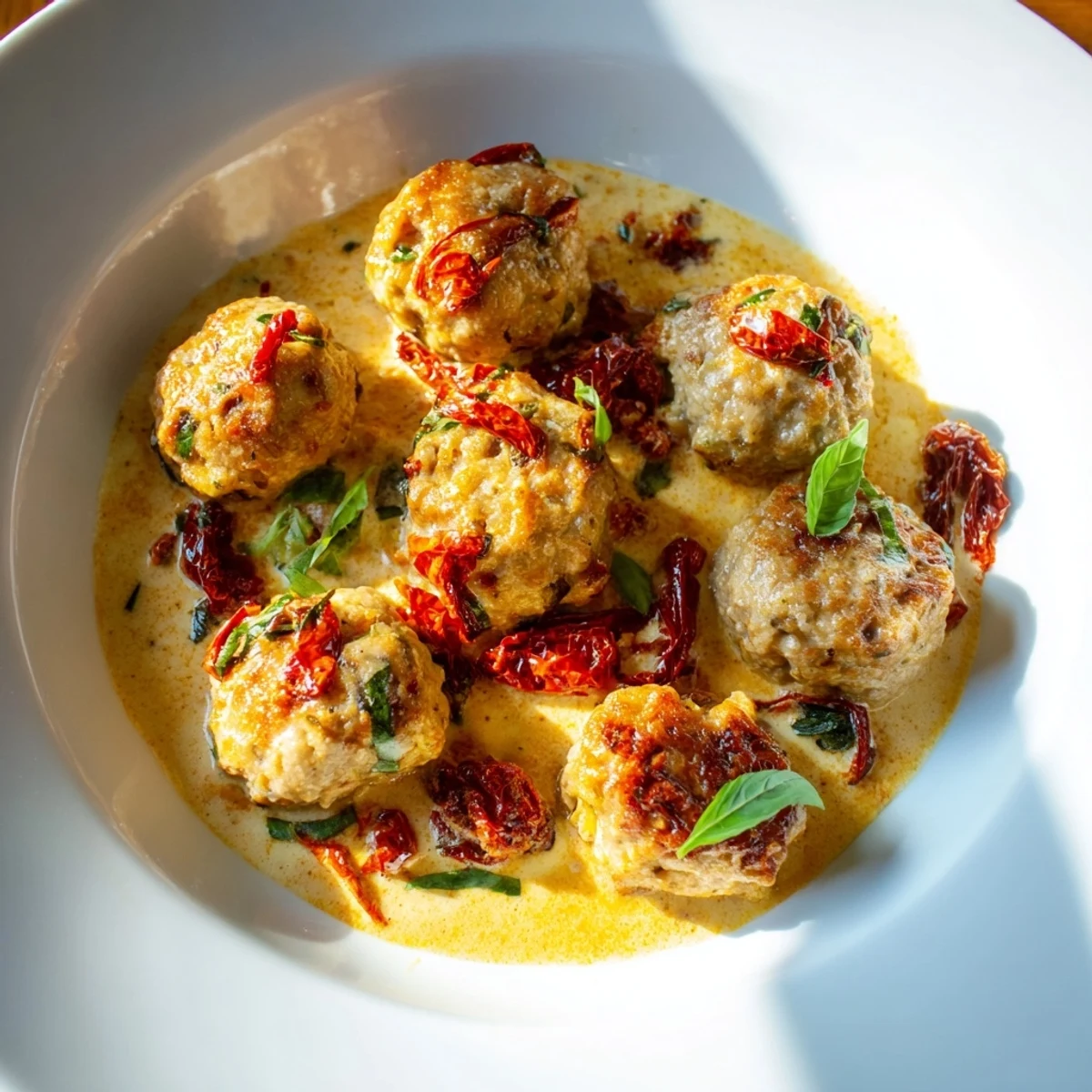 Golden-brown Marry Me Chicken Meatballs swimming in a creamy, sun-dried tomato sauce.