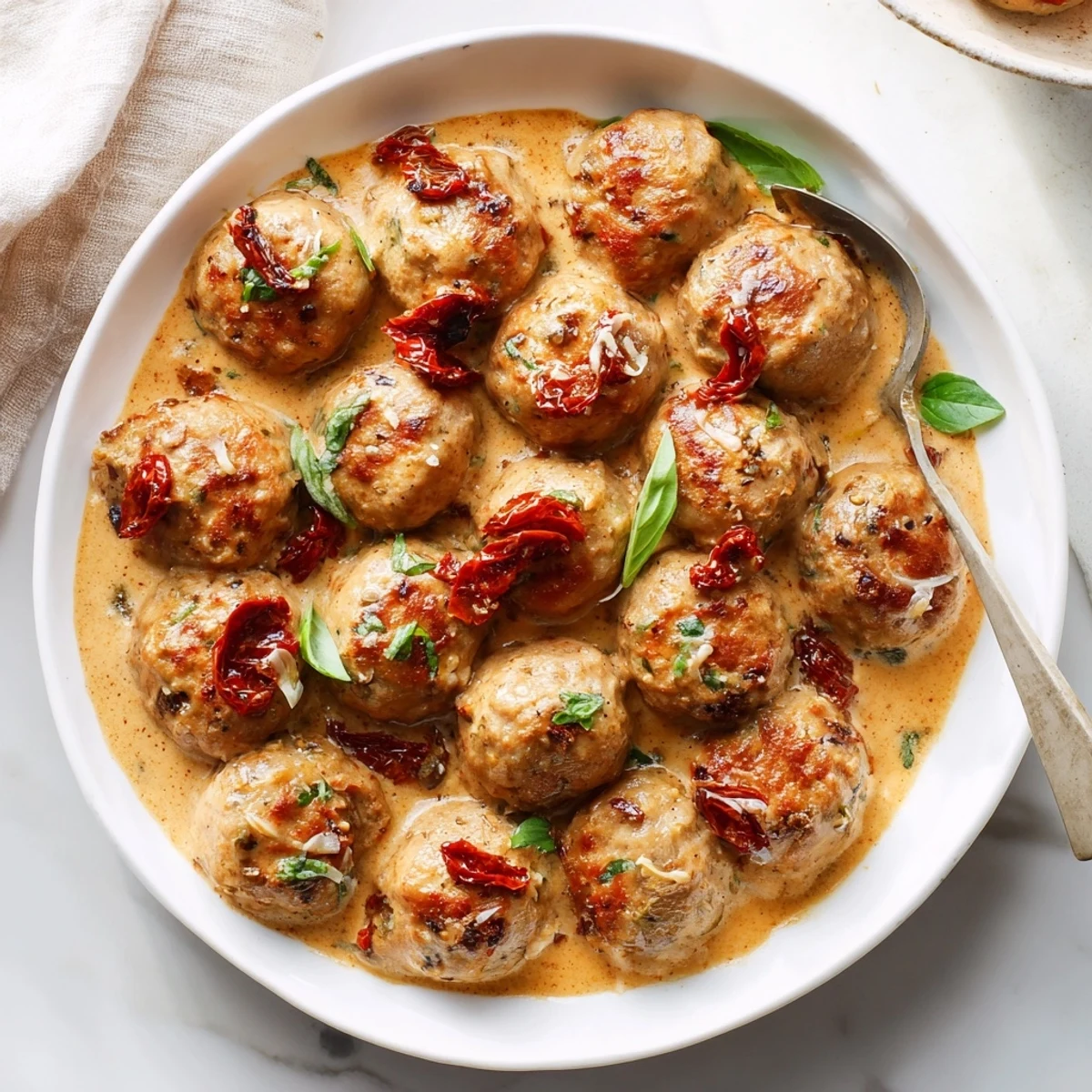 A close-up of flavorful Marry Me Chicken Meatballs, garnished with fresh basil, ready to serve.