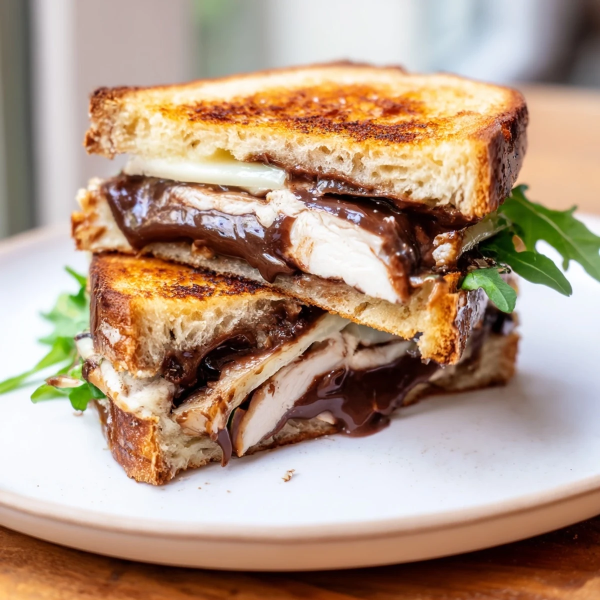 Warm, melty Nutella grilled cheese with chicken: golden, crispy bread surrounds savory chicken and melted brie.