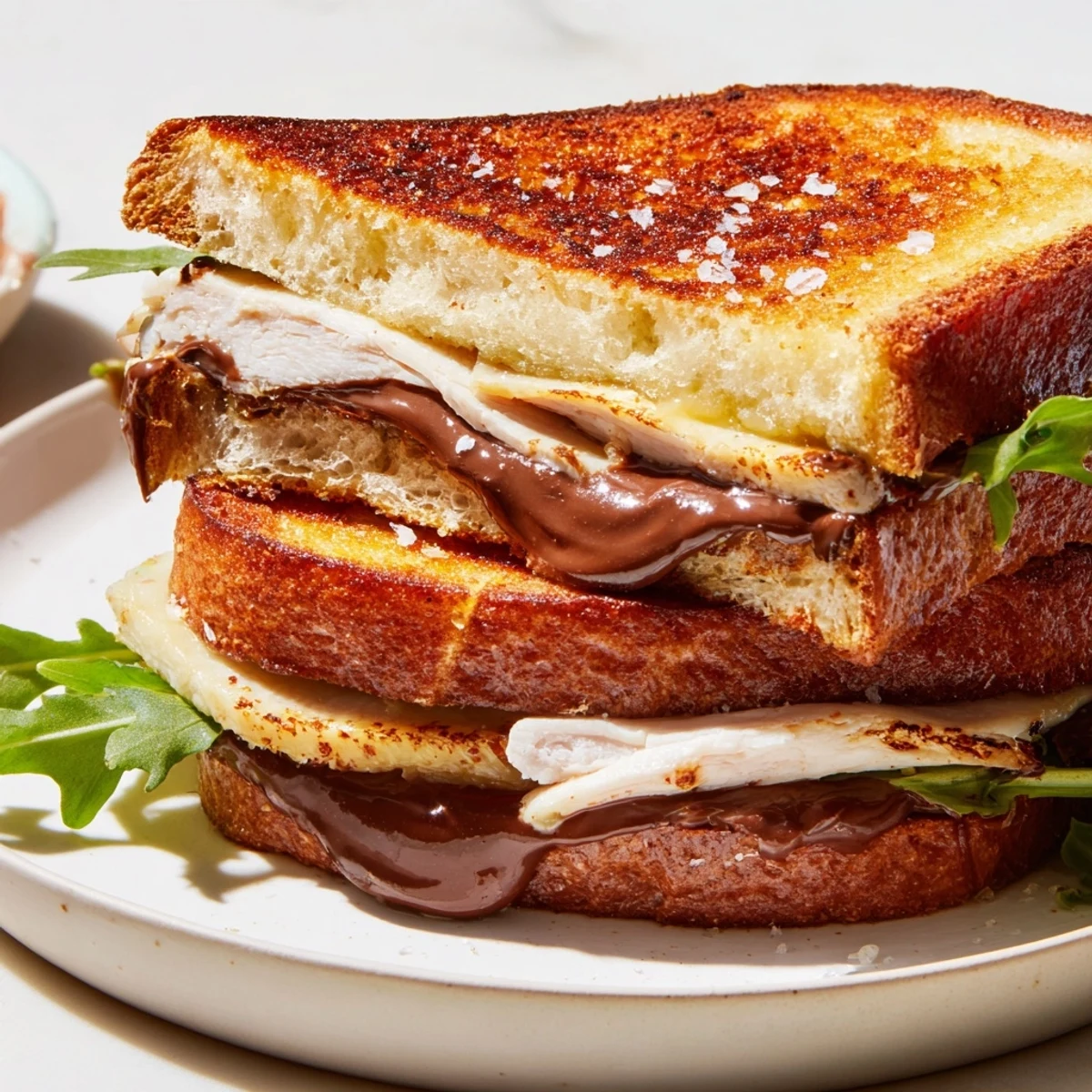 A close-up of a Nutella grilled cheese with chicken, offering a delicious sweet and savory bite.