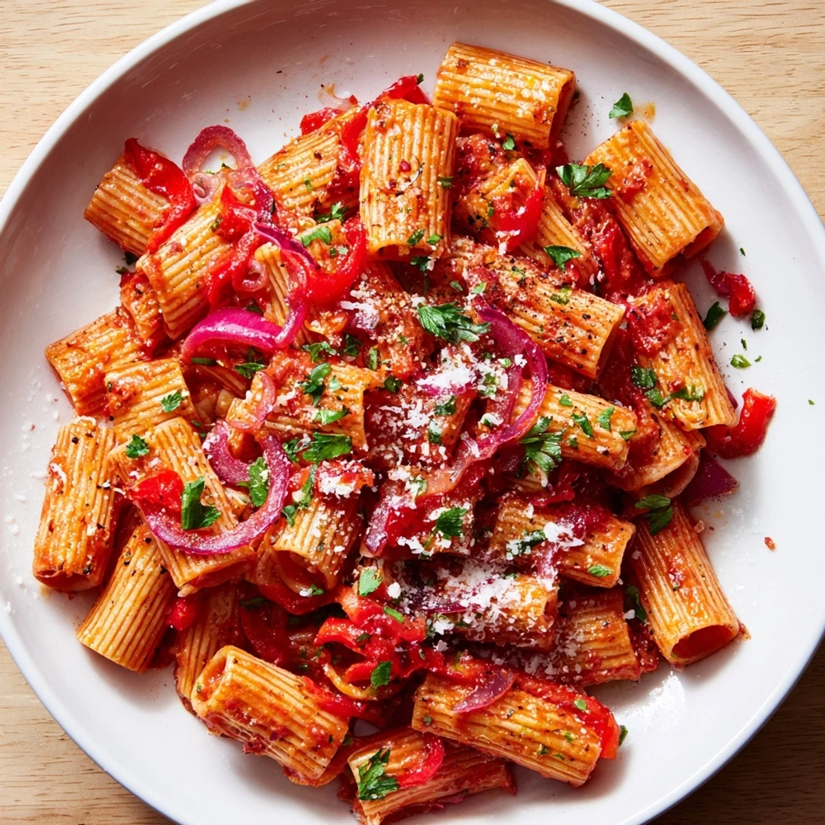 Smoldering one-pot Diavola Spicy Pasta garnished with fresh herbs and Parmesan, ready to serve and enjoy.