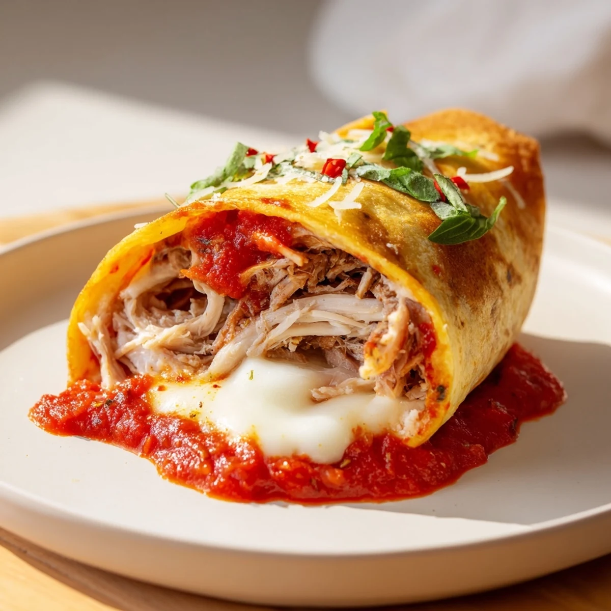 Image of a golden-brown Tortilla Pizza Wrap with Chicken, oozing mozzarella and marinara for a tasty lunch.