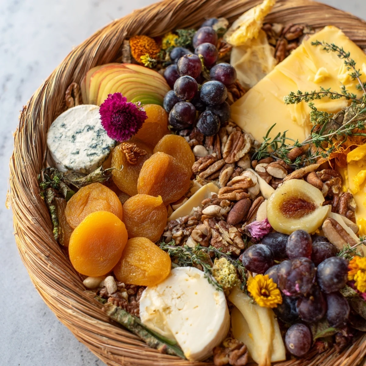 Close-up of the Autumn Harvest Horn of Plenty overflowing with colorful dried fruits and cheeses.