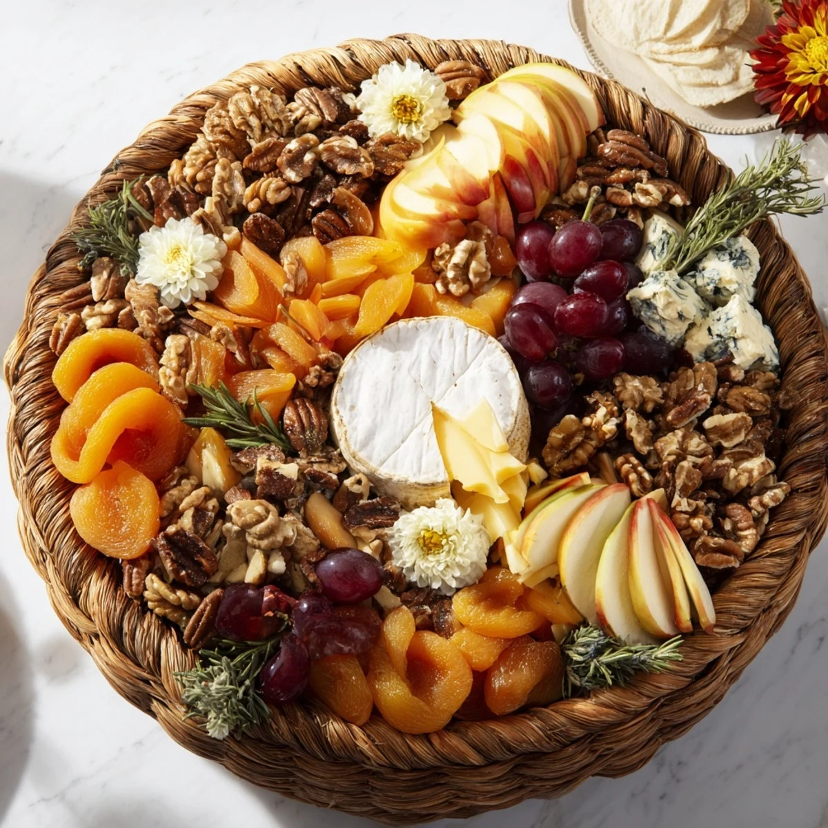 Thanksgiving-ready Autumn Harvest Horn of Plenty displays a rustic mix of nuts, cheeses, and fresh herbs.