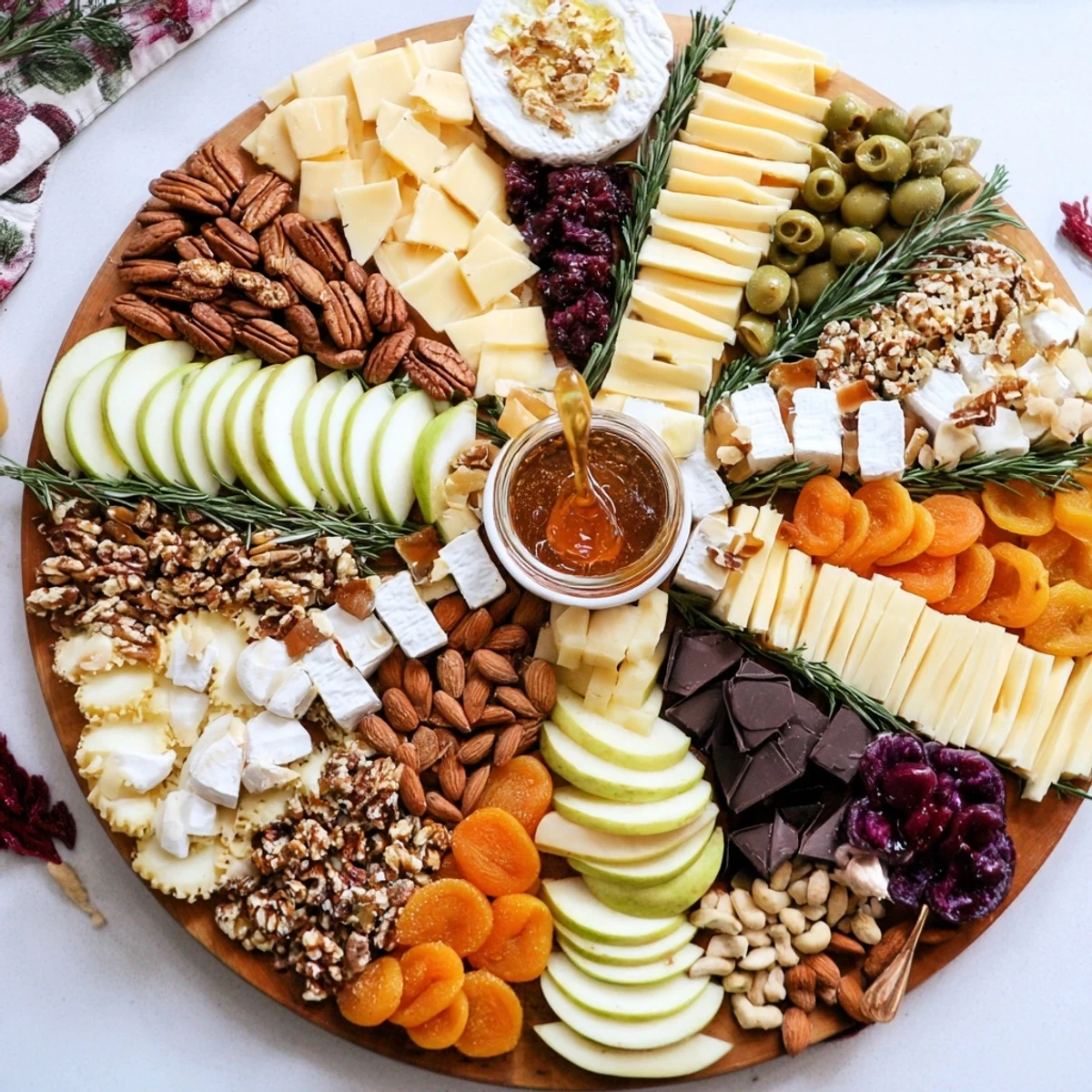 This Twelve Days of Cheese Board features a variety of cheeses, crackers, fruits, and delightful accompaniments ready to serve.