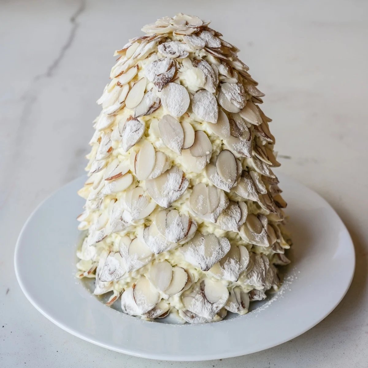A snowy pinecone centerpiece, a festive appetizer featuring almonds pressed into cream cheese for a holiday meal.