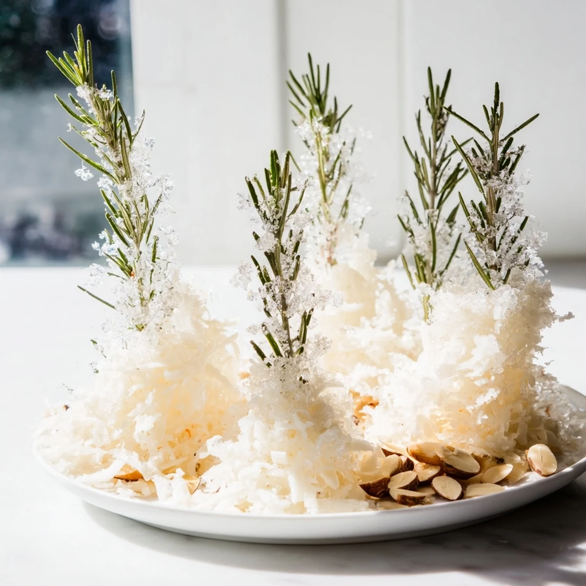 The Festive Frosted Pine cheese board showcases fluffy white cheddar snowdrifts and sugared rosemary pines.
