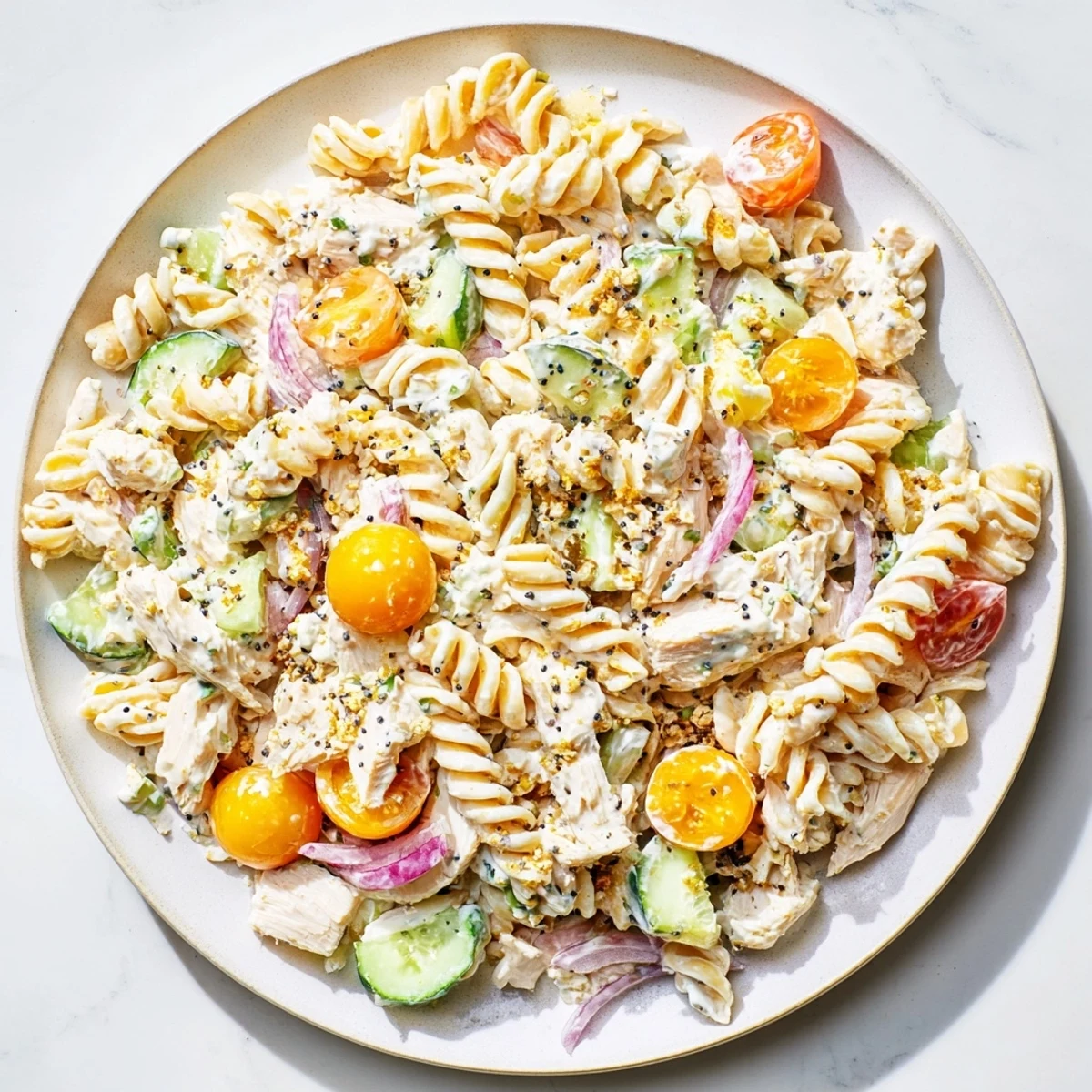 Everything Bagel Chicken Pasta Salad: a creamy, flavorful cold salad full of tender chicken and veggies.