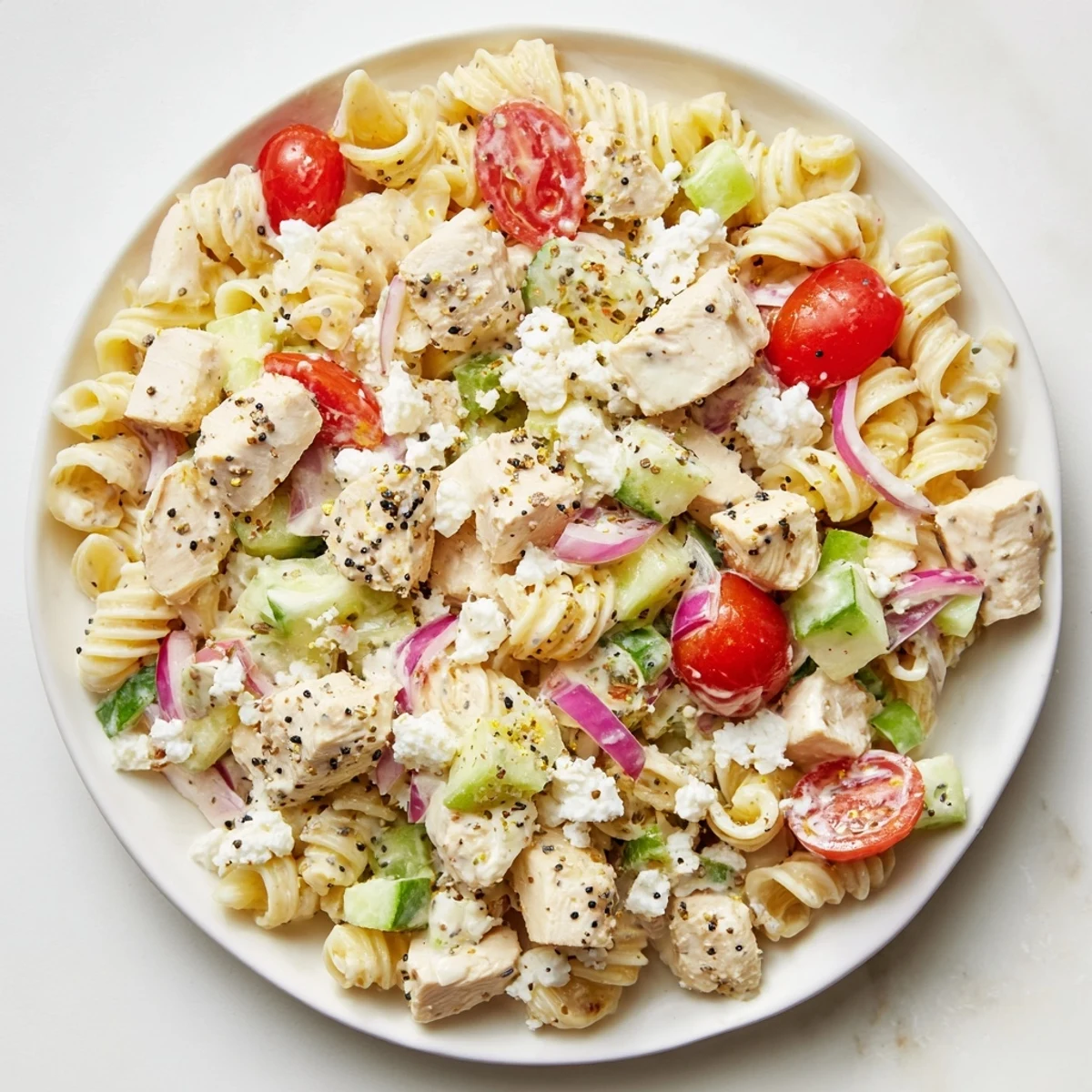 This Everything Bagel Chicken Pasta Salad shows off colorful vegetables like tomatoes and red onion in a delicious meal.