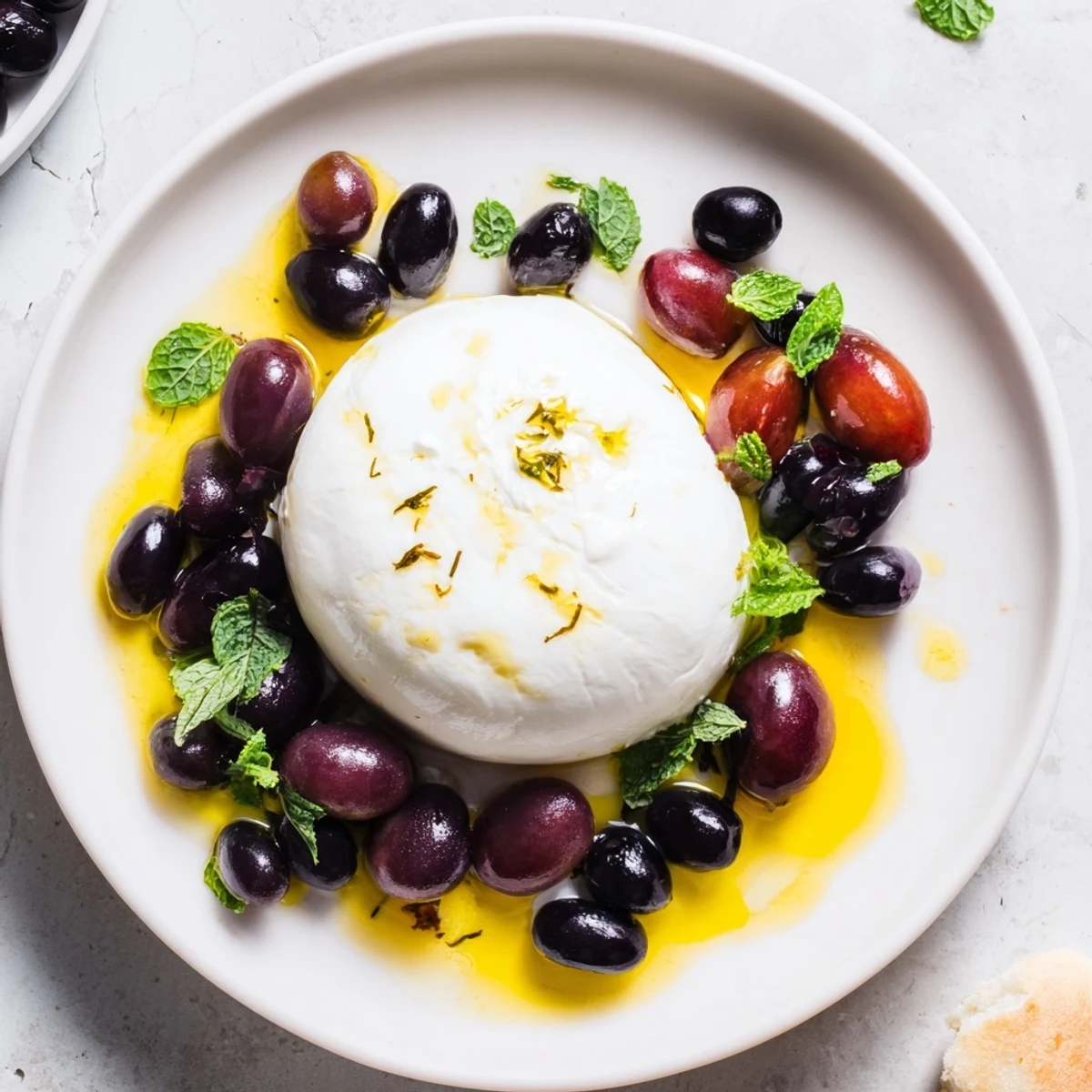 Close-up of the Moonlit Lagoon salad, showcasing the sweet blueberries and a glistening burrata center.