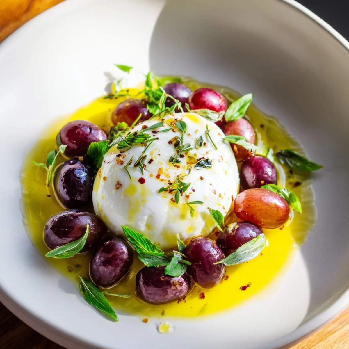 Moonlit Lagoon salad: vibrant blueberries and grapes orbit creamy burrata, drizzled with balsamic glaze.