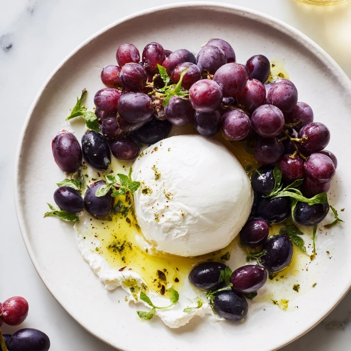 Fresh Moonlit Lagoon salad with bursts of color from fruit, a soft cheese moon, and basil garnish.