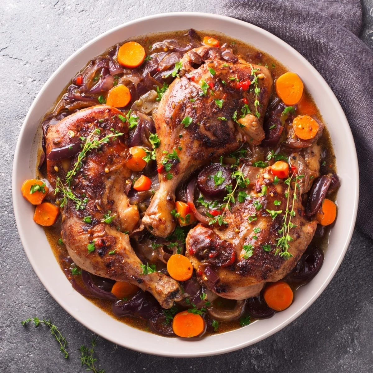 Tender Georgia Pot Roast Chicken, served, with glistening, slow-cooked onions and carrots in a rich gravy.