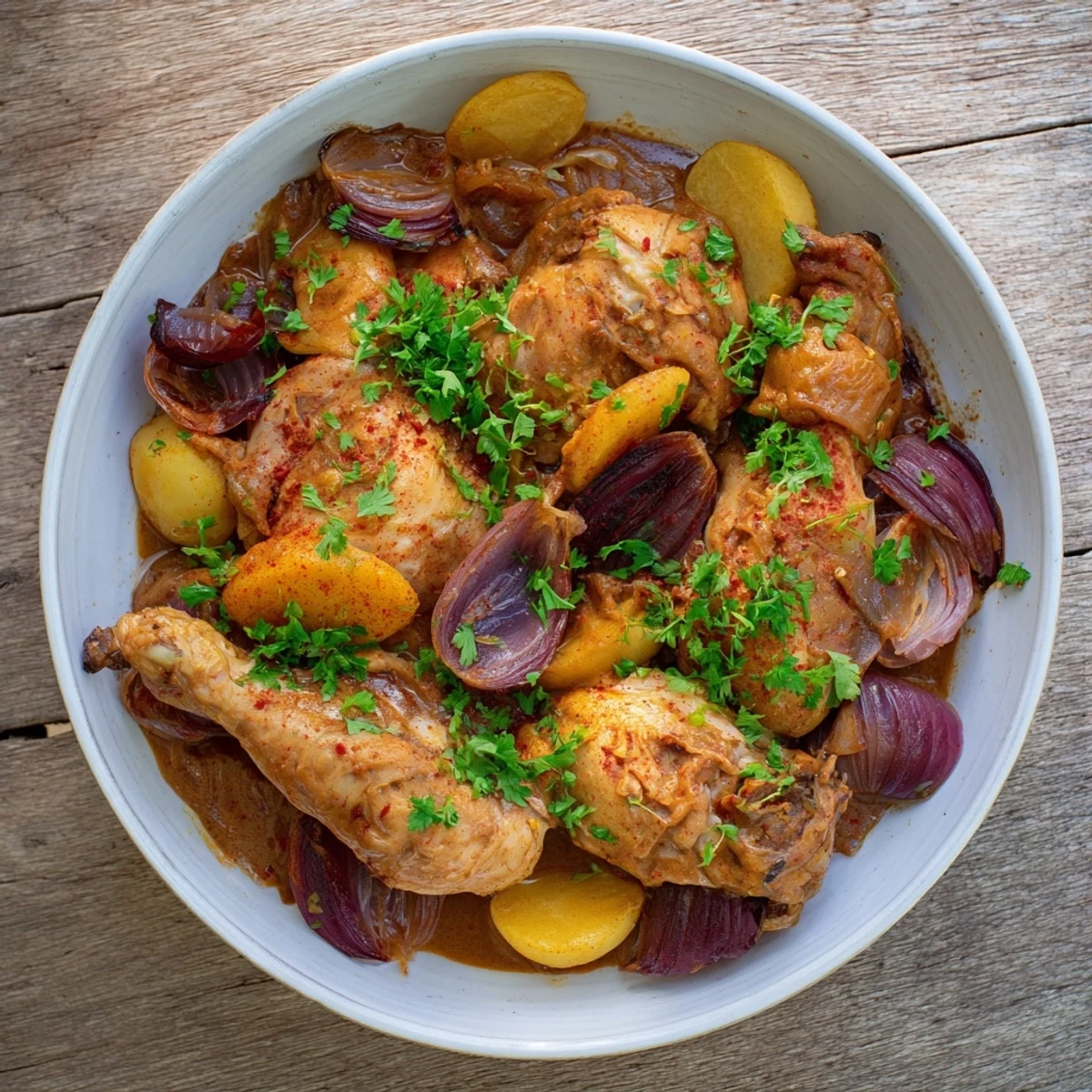 A close up shows the delicious, browned chicken thighs in this Southern-style Georgia Pot Roast.