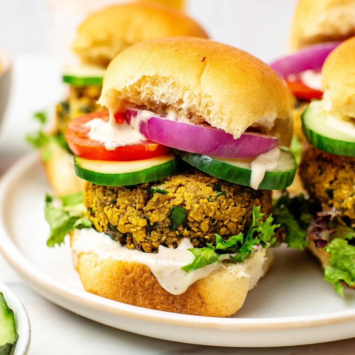Golden-brown baked falafel sliders, filled with fresh veggies and tahini, ready to eat.