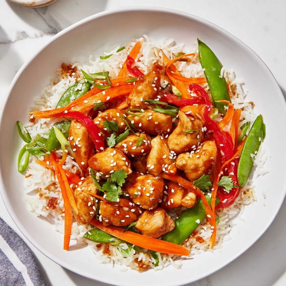 Steaming Sesame Ginger Rice Bowl boasting tender chicken and vibrant vegetables, ready to eat.