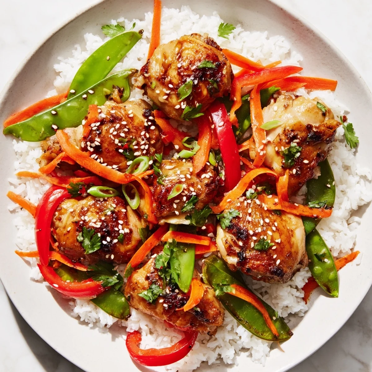 Enjoy a delicious Asian-inspired Sesame Ginger Rice Bowl overflowing with chicken and crispy veggies.