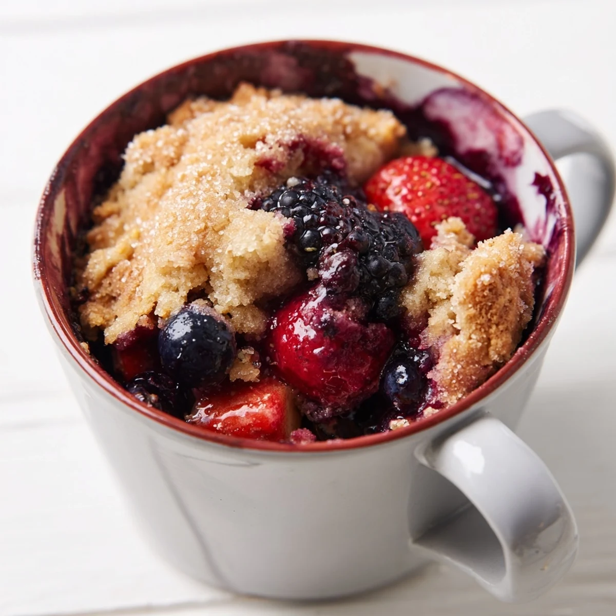 Mixed Berry Cobbler Mug Cake, warm and bubbly, showing juicy berries under a golden crust.