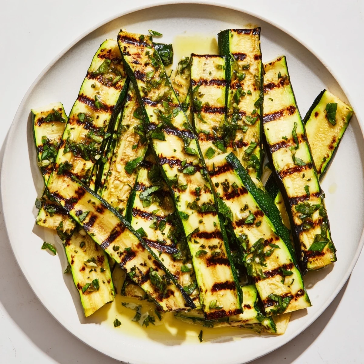 Sizzling Garlic Herb Grilled Zucchini, seasoned and grilled until tender, ready for a Mediterranean meal.