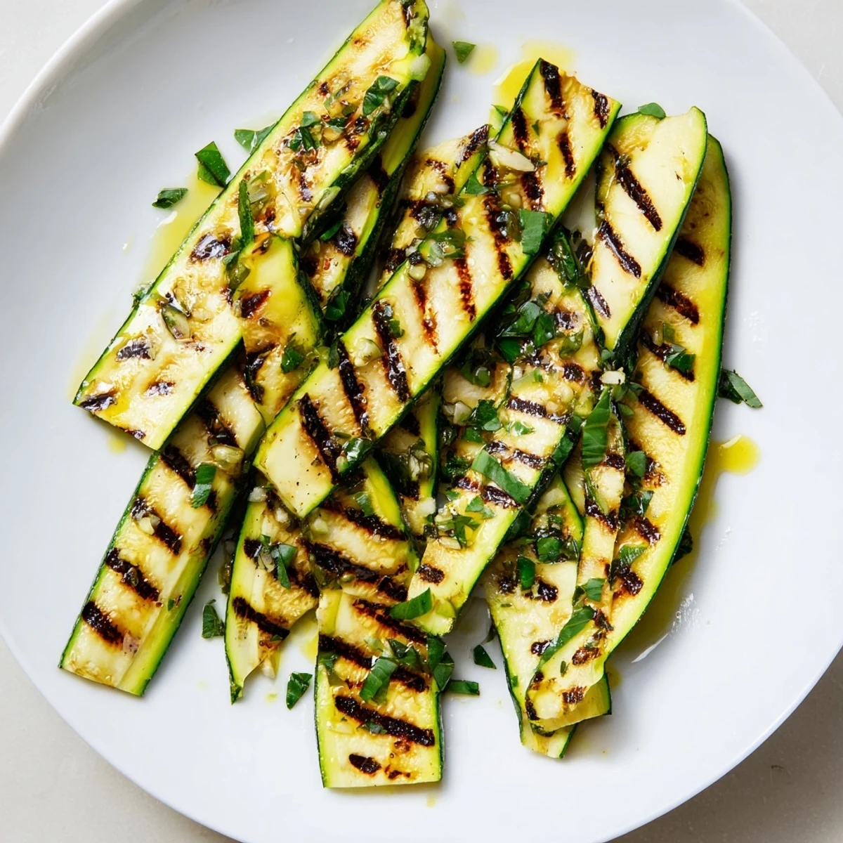 Close-up of vibrant Garlic Herb Grilled Zucchini; notice the flavorful grill marks hinting deliciousness.