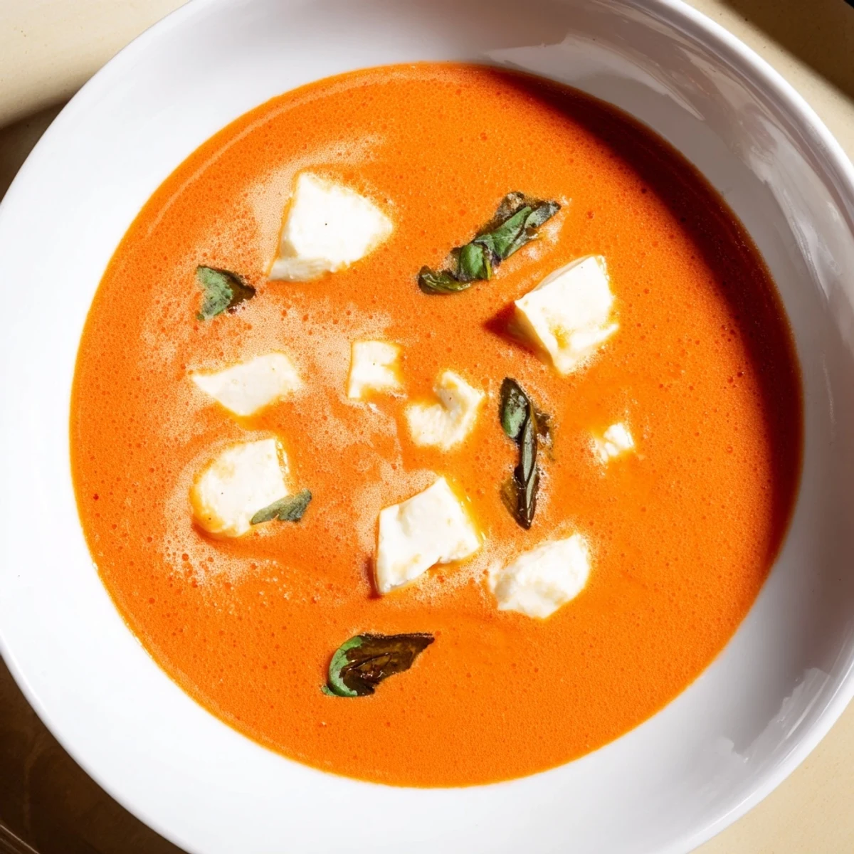 A steaming bowl of Creamy Tomato Mozzarella Soup, garnished with fresh basil, ready to enjoy.
