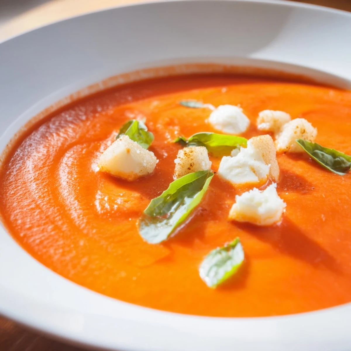 Thick, creamy Creamy Tomato Mozzarella Soup, a comforting vegetarian meal served in a white bowl.