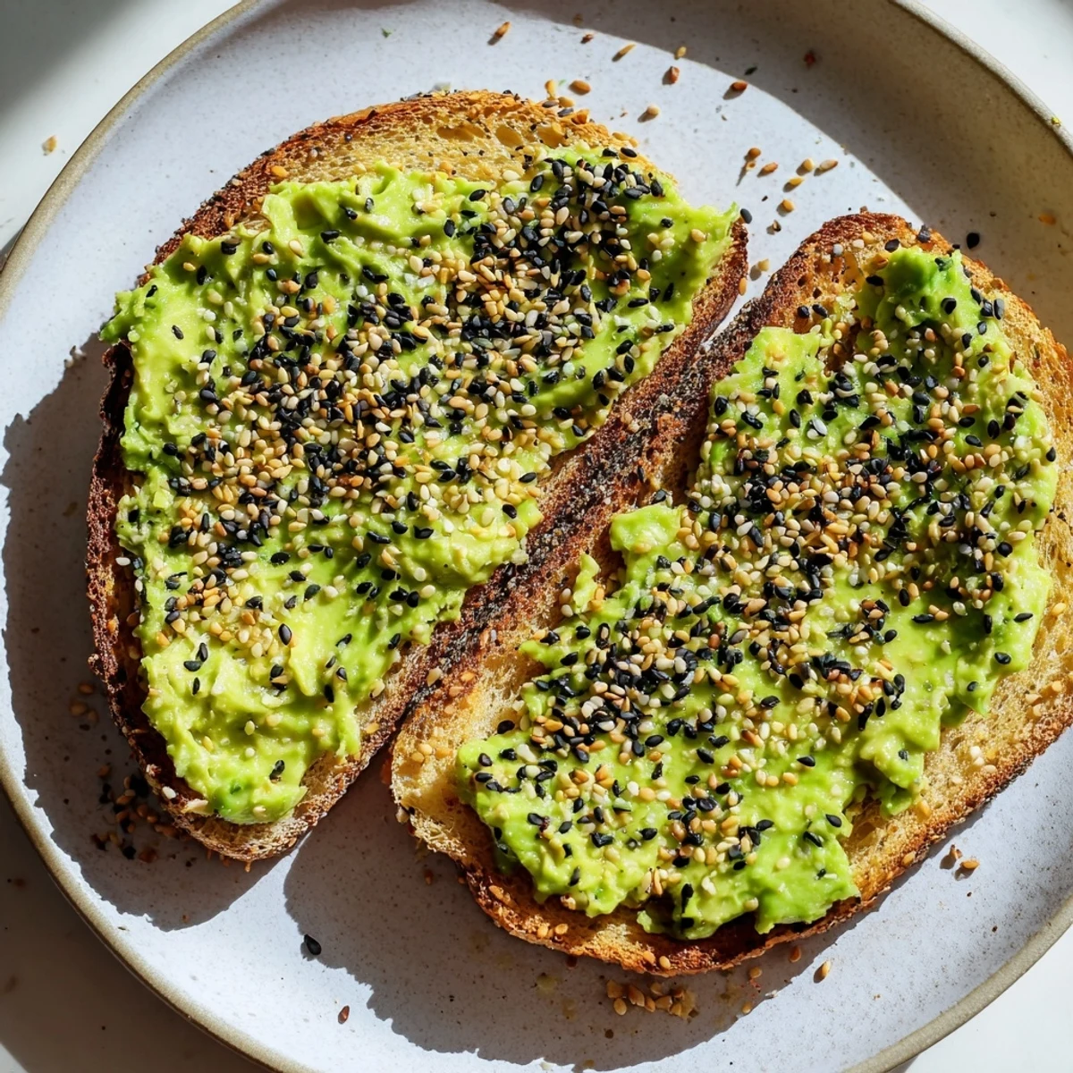 Close-up of fresh avocado toast with everything seasoning, ready in minutes for a tasty snack.