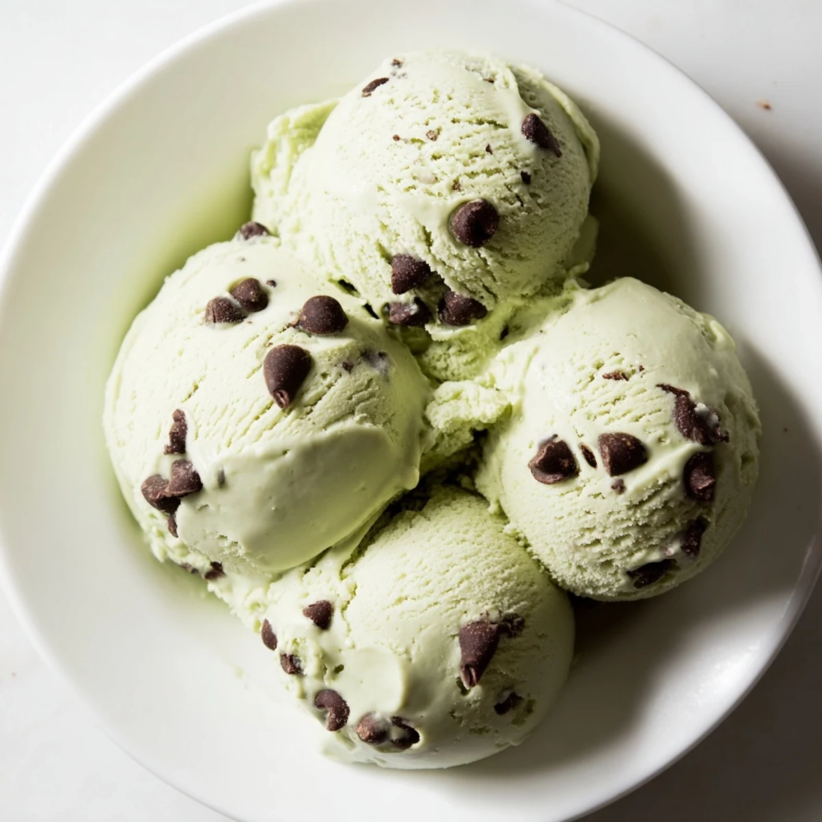 A close-up of homemade Mint Chocolate Chip Ice Cream, showing vibrant green and chocolate pieces.