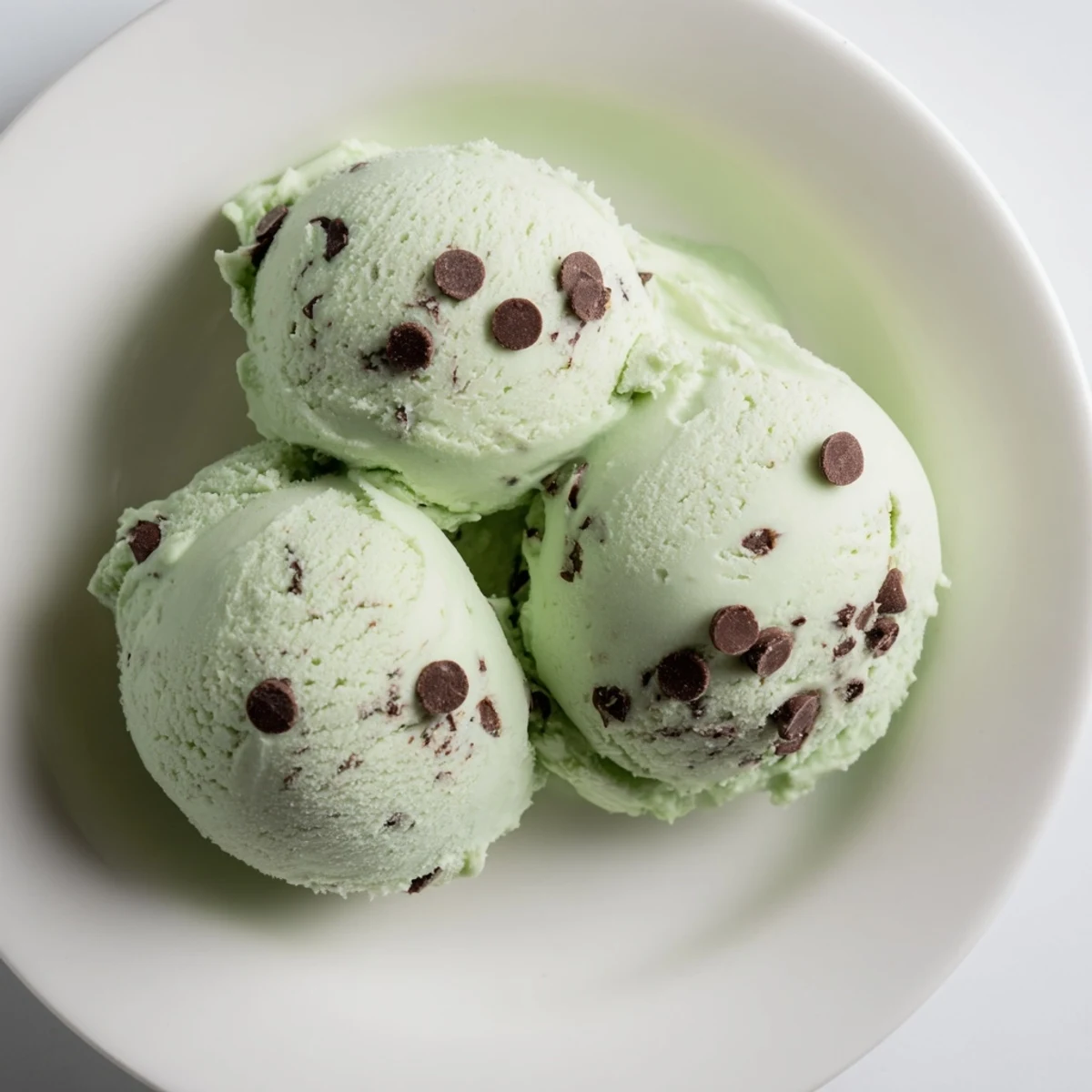 Creamy Mint Chocolate Chip Ice Cream swirled with dark chocolate chips, a refreshing summertime dessert.