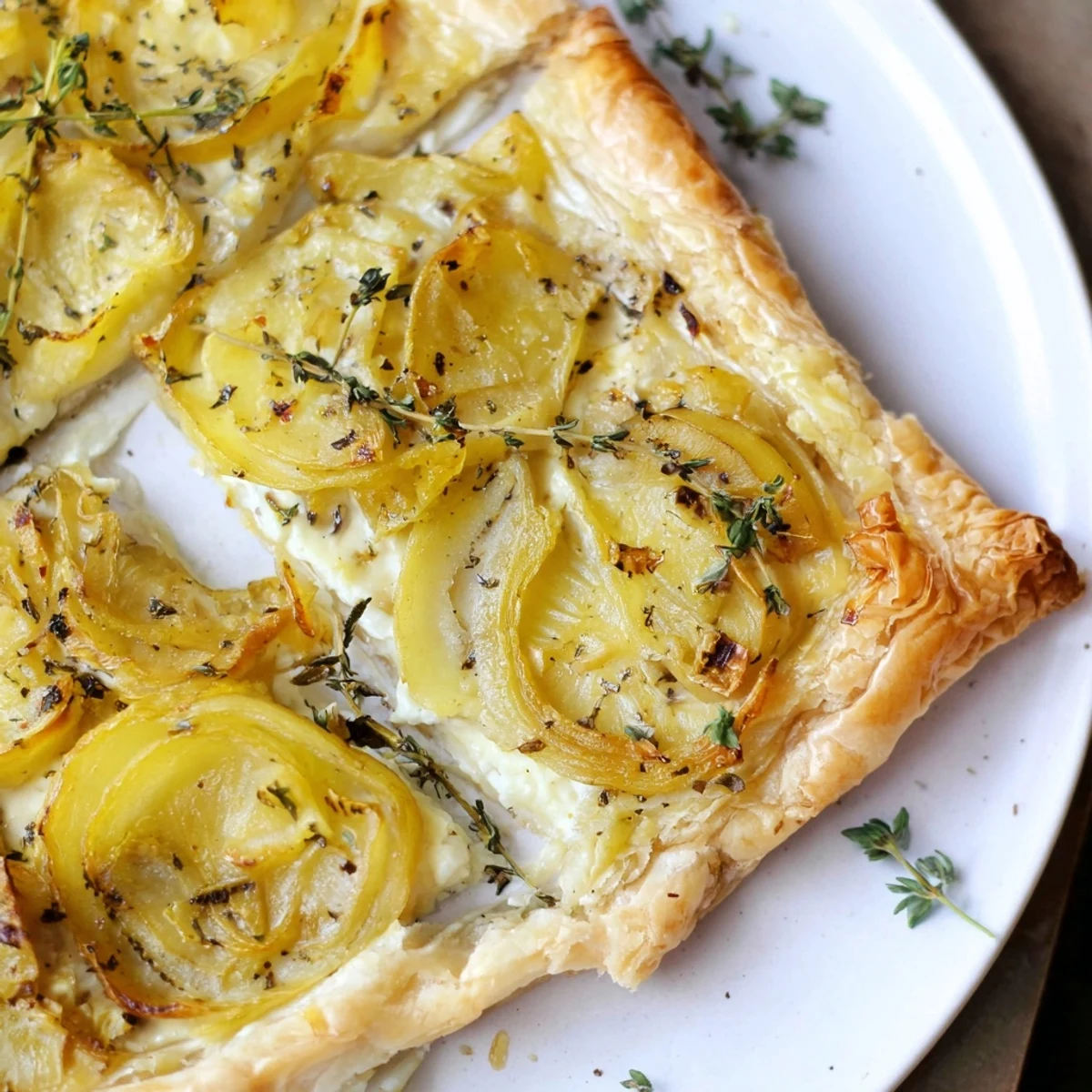 Golden-brown caramelized onion tart with flaky crust, a delightful appetizer ready to serve.