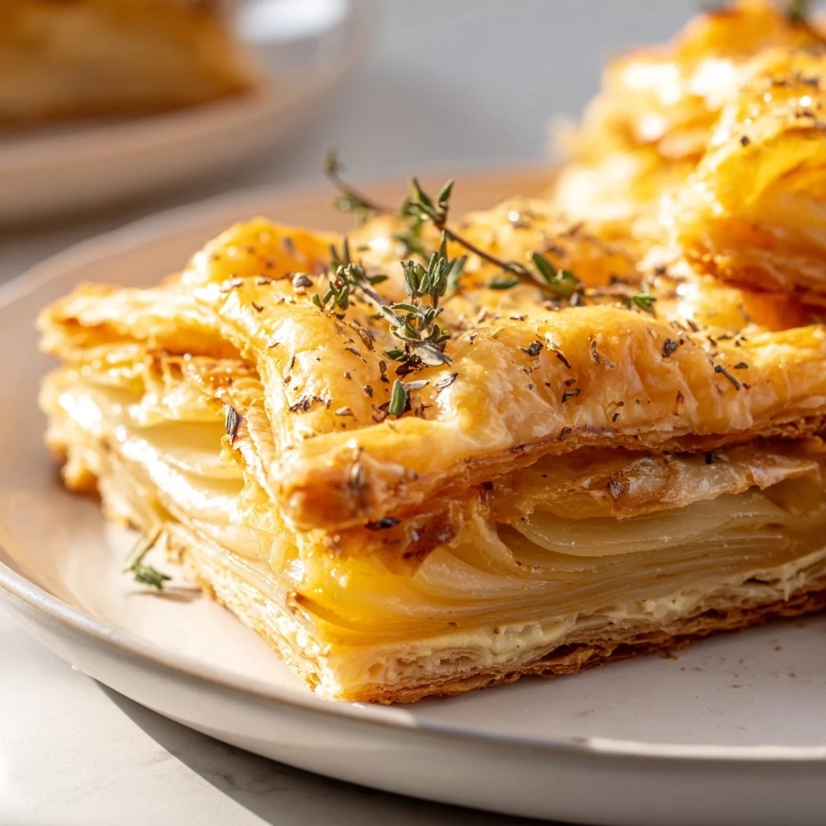 Close-up of a freshly baked caramelized onion tart with a beautiful, golden-brown crust.