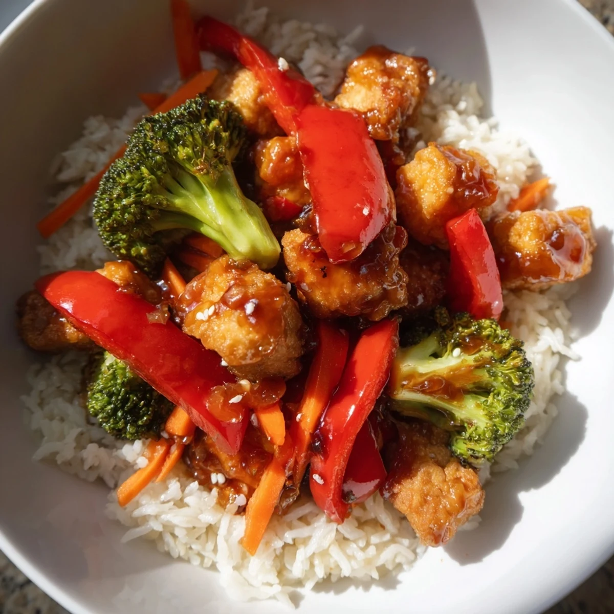 Golden, crispy honey garlic tofu bowls with colorful vegetables and fluffy rice, an Asian-inspired supper.