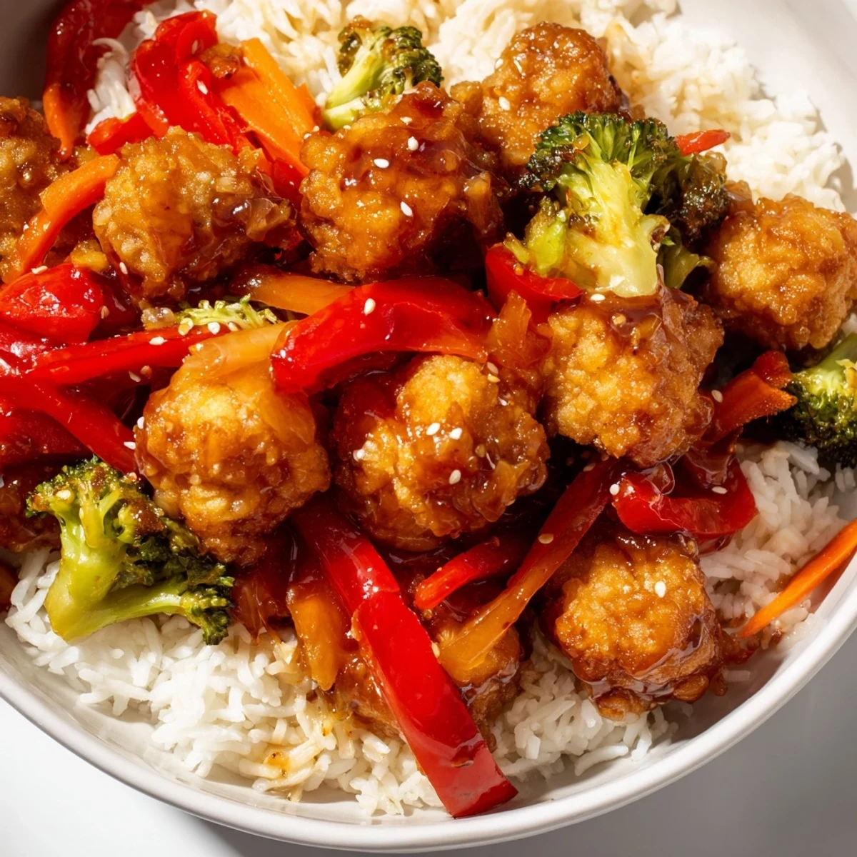 Vivid image: A steaming bowl of honey garlic tofu, with glistening sauce, sesame seeds, and fresh green onions.